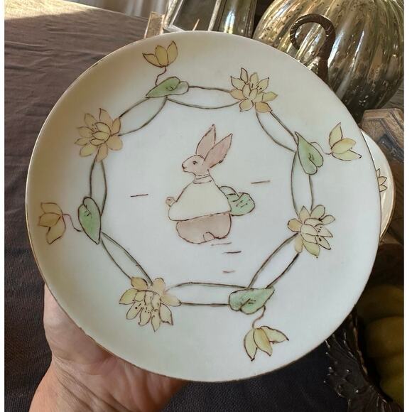 Antique MZ Austria bunny dessert Plates Set of 2 White Gold Gilt children 7” - Picture 7 of 10